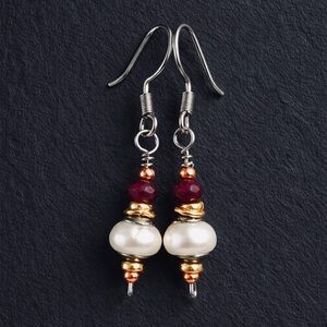 R4 Ruby & Freshwater Pearl Mixed Metal Dangle Earrings Stainless Steel